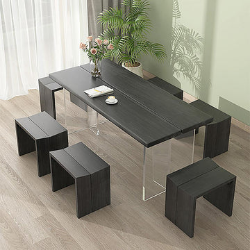 Modern 63" Acrylic Dining Table Rectangle Black Wood Tabletop Floating Trestle Leg